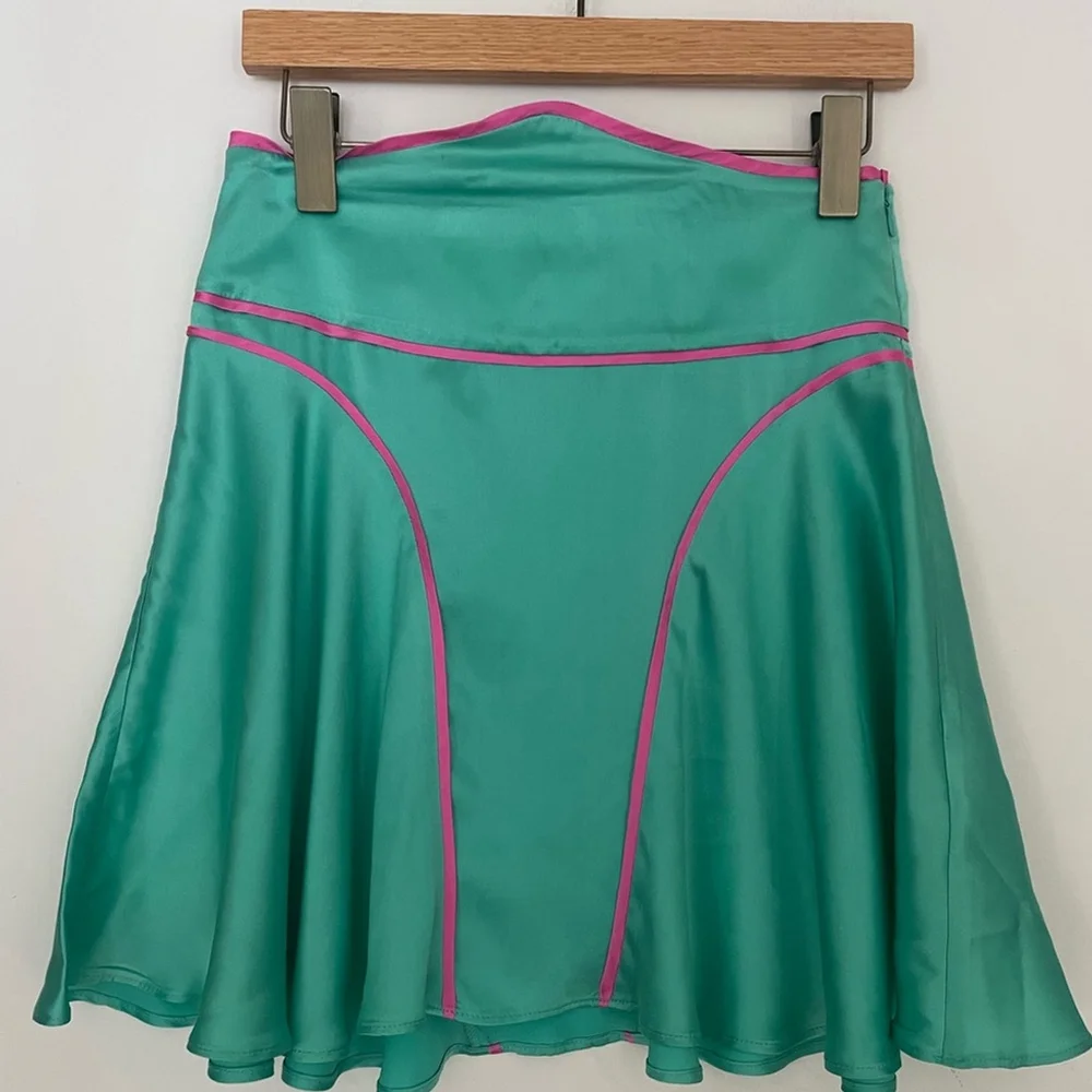 melt london Silk Flared Mini Skirt Teal & Pink Contrast Trim Y2K Tenniscore